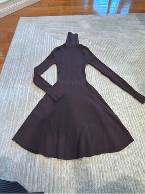 Zara Dark Brown Ribbed Turtleneck Long-Sleeve Fit-and-Flare Dress